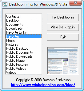 desktopinifix for windows vista