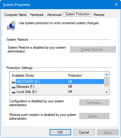 System Restore has been turned off by your system administrator