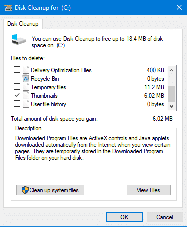 cleanmgr clear thumbnail cache checkbox