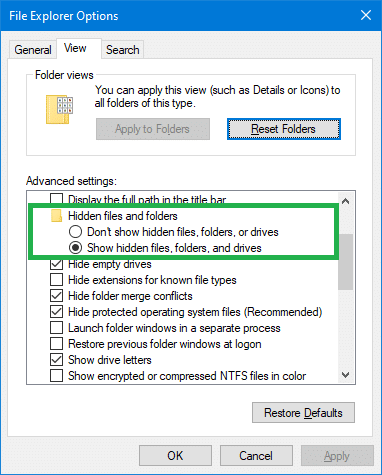 show hidden files and folder does not work