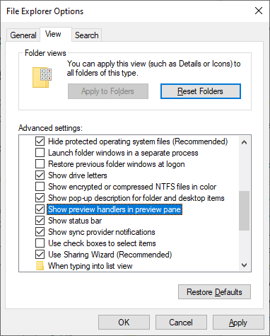 folder options - enable thumbnails and preview handlers