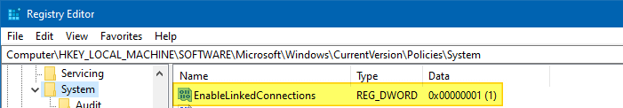 mapped network drive not seen from admin command prompt and task scheduler - enablelinkedconnections