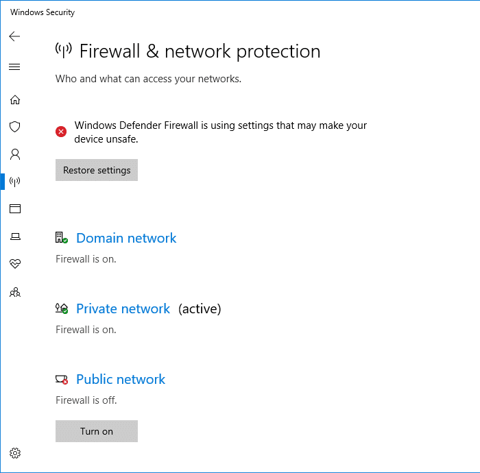 windows firewall turned off - security center