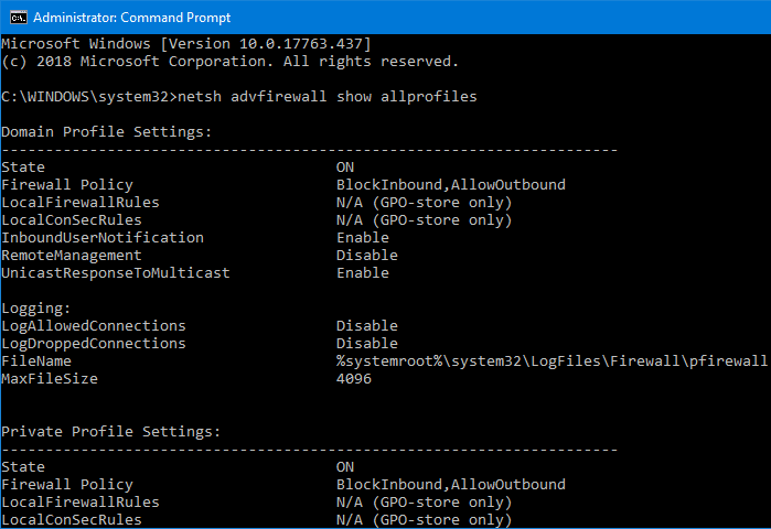 netsh firewall show profiles state