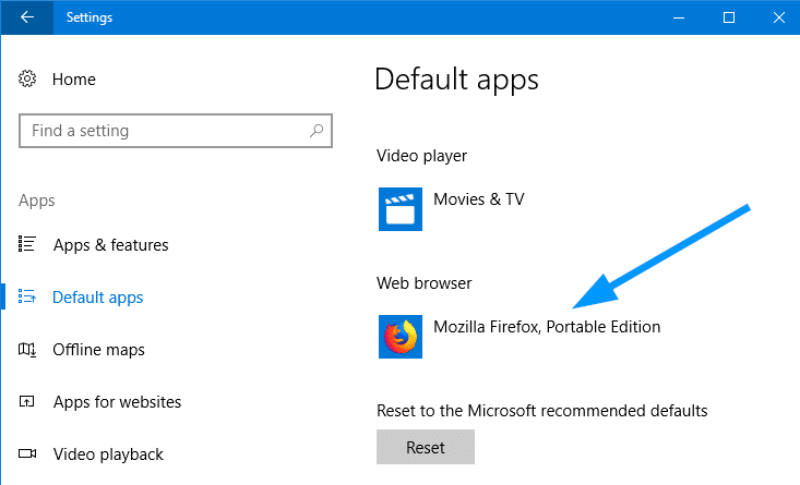 firefox portable register with default apps in windows 10