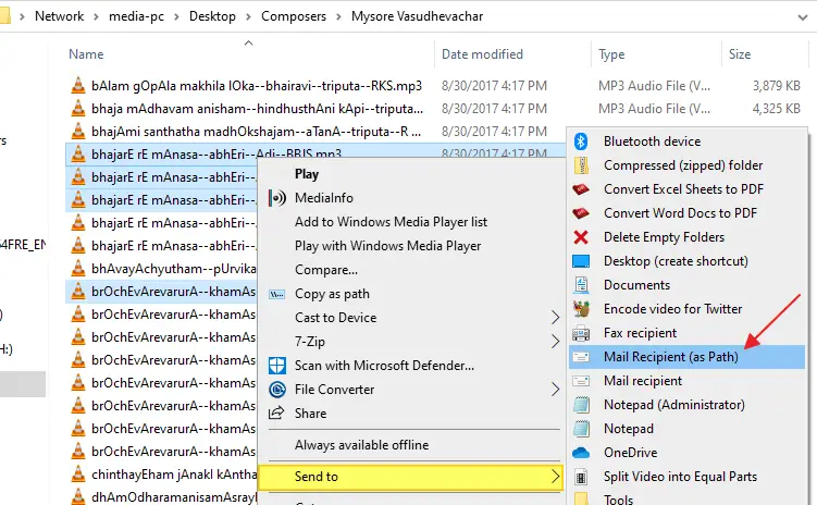 email file path context menu