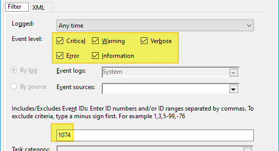 determine shutdown time windows - event log 1074