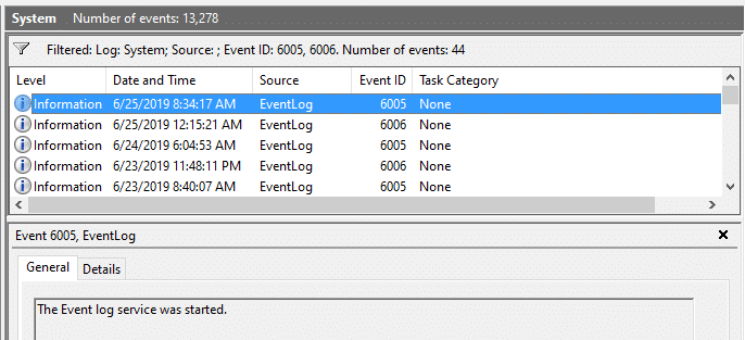 determine shutdown time windows - event log 6006 6005