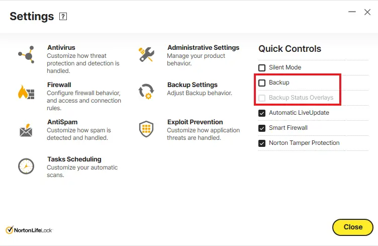 norton - turn off backup overlays