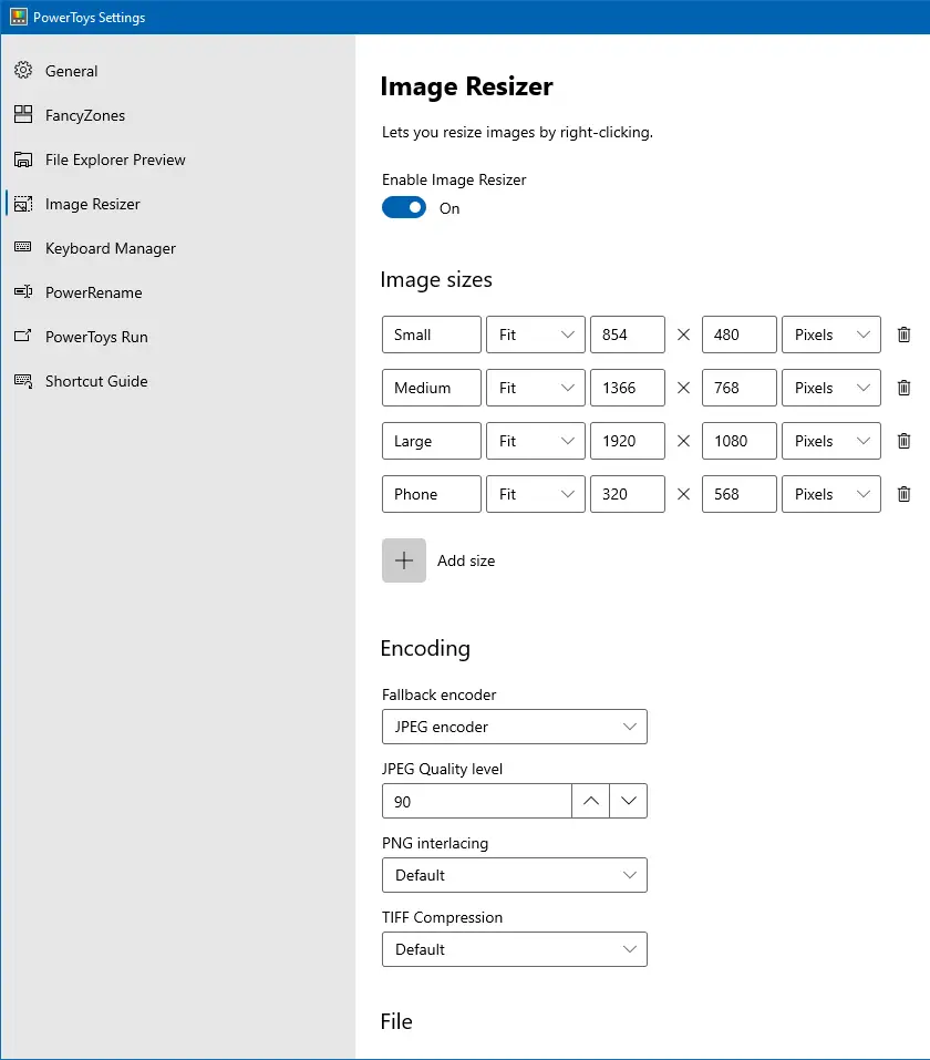 powertoys settings page