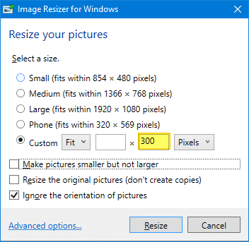 resize images right-click menu