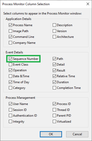 process monitor columns dialog