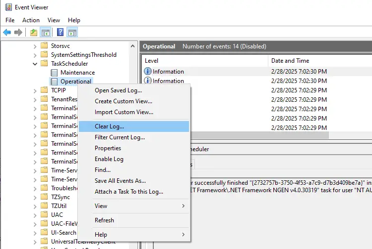 clear task scheduler history in event log