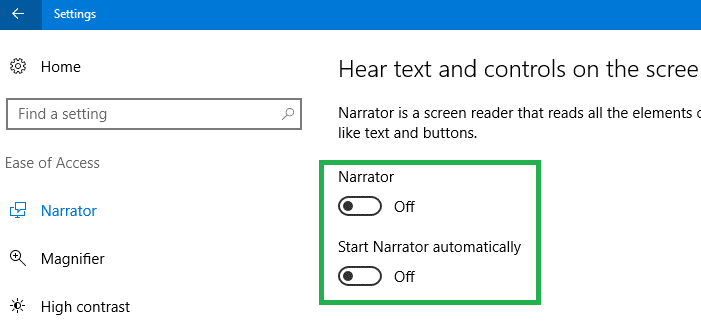 checkbox text on off narrator