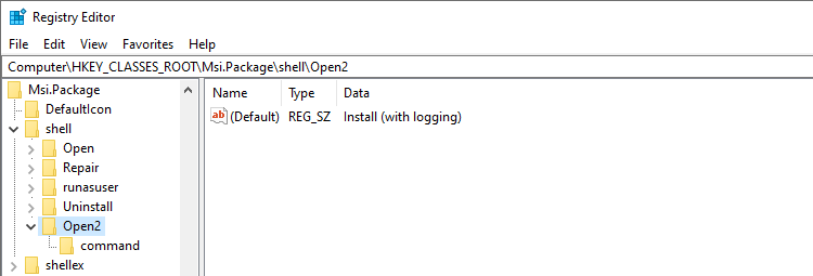 .msi with logging context menu - registry