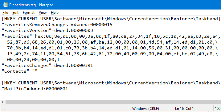 taskband registry key export