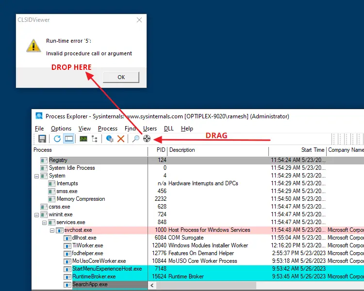 process explorer find window handle - drag and drop