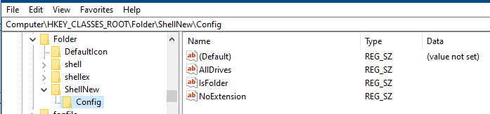 folder shellnew config registry key
