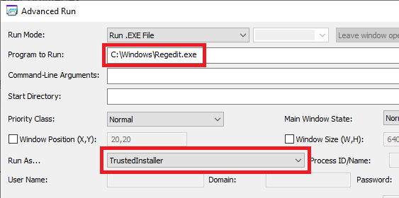 Launch regedit.exe as TrustedInstaller using AdvancedRun (nirsoft.net)