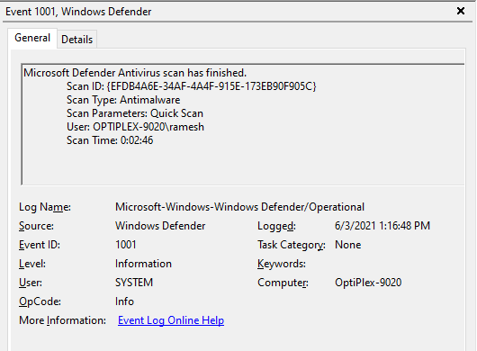 windows defender scan event log