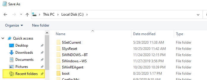 recent places or recent folders pin to quick access
