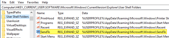 sendto user shell folders registry value