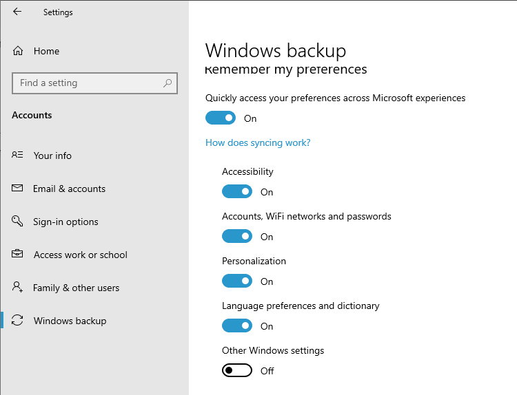 sync settings - windows backup - windows 10