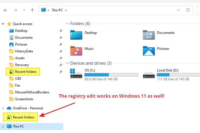 add recent folder or recent places in windows 11