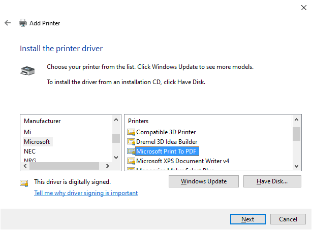 Печать Microsoft на принтере PDF отсутствует Добавить список принтеров