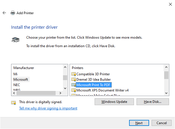 microsoft print to pdf printer missing add printer list