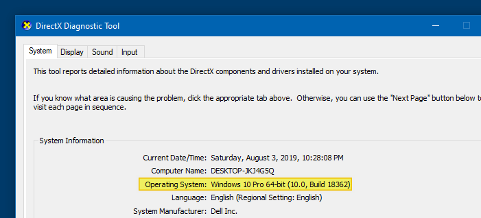 найти версию Windows 10 build bitness dxdiag