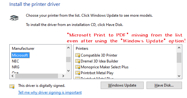 Печать Microsoft на принтере PDF отсутствует Добавить список принтеров