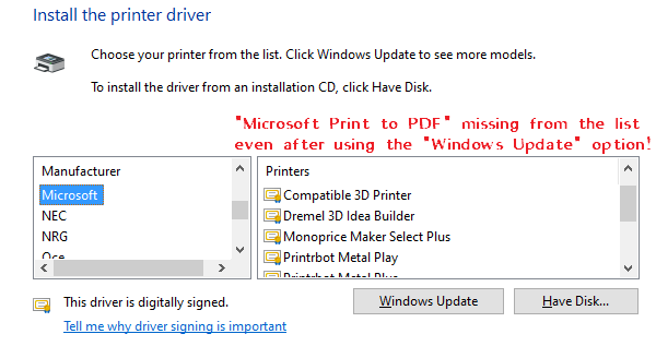 microsoft print to pdf printer missing add printer list