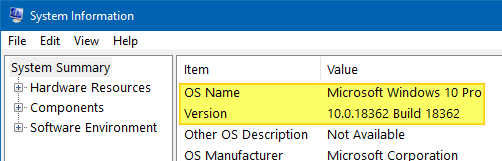 найти версию Windows 10 build bitness msinfo32