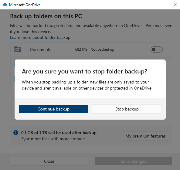 onedrive manage folders - stop backup - confirmation prompt