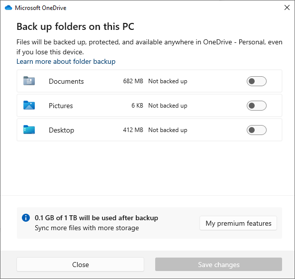 onedrive manage folders - disable/stop backups