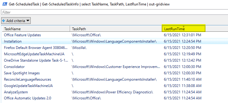 scheduled tasks list - last run task - powershell