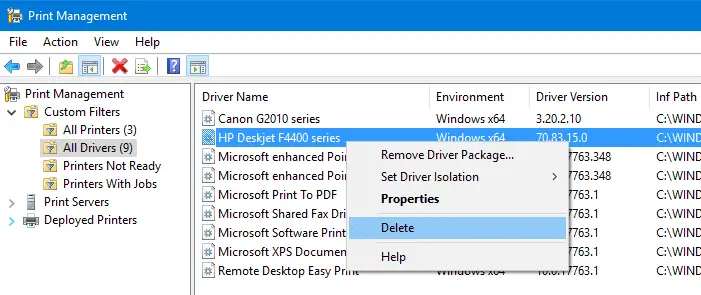 delete driver - print management