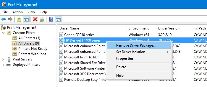 remove driver package - print management