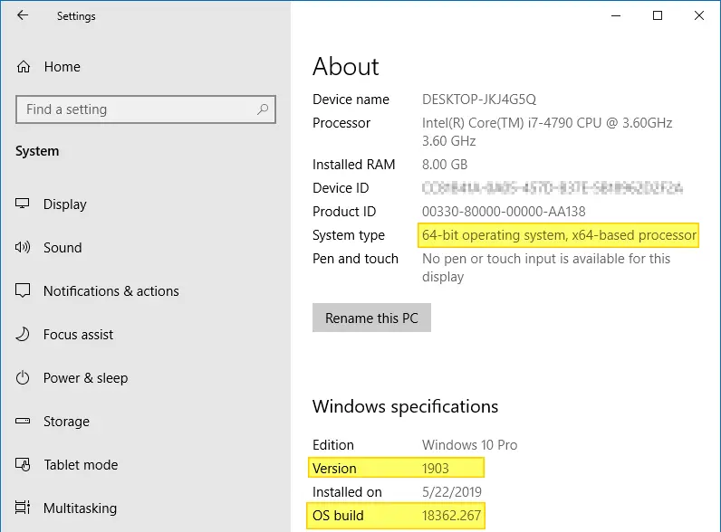 find windows 10 version build bitness settings system