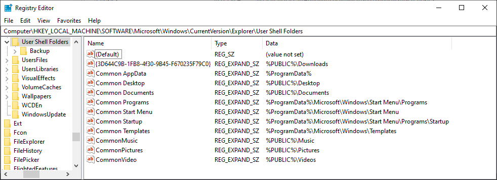 user shell folders - local machine