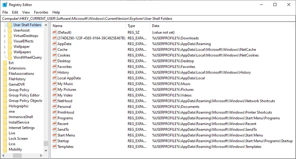 Раздел реестра папок пользовательской оболочки в Windows 10
