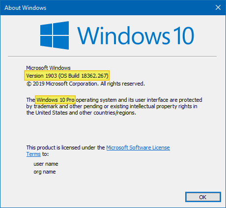 найти версию Windows 10 build bitness winver