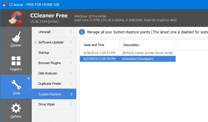 delete individual system restore points in windows - ccleaner