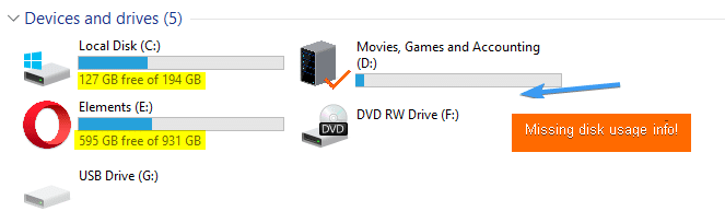 disk space usage free space info missing in this pc