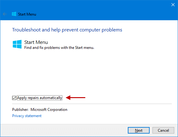 start menu troubleshooter for Windows 10