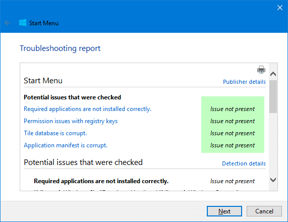 start menu troubleshooter for Windows 10