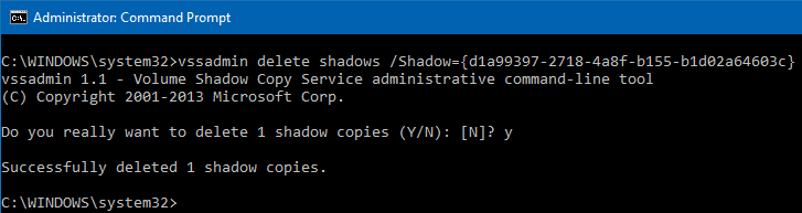 delete shadow copies vssadmin