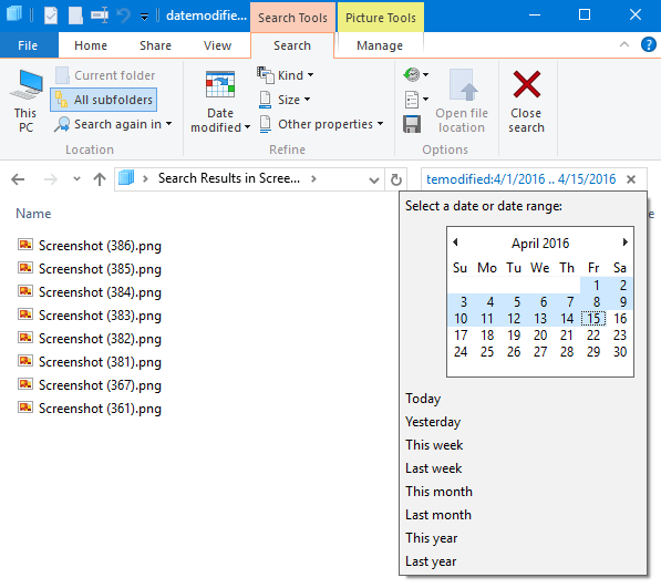 search for files within a date range