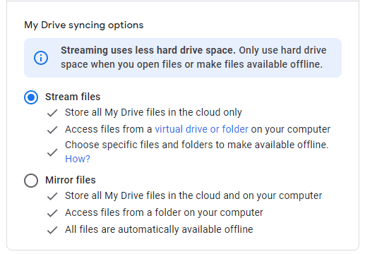 google drive mirror option vs streaming option
